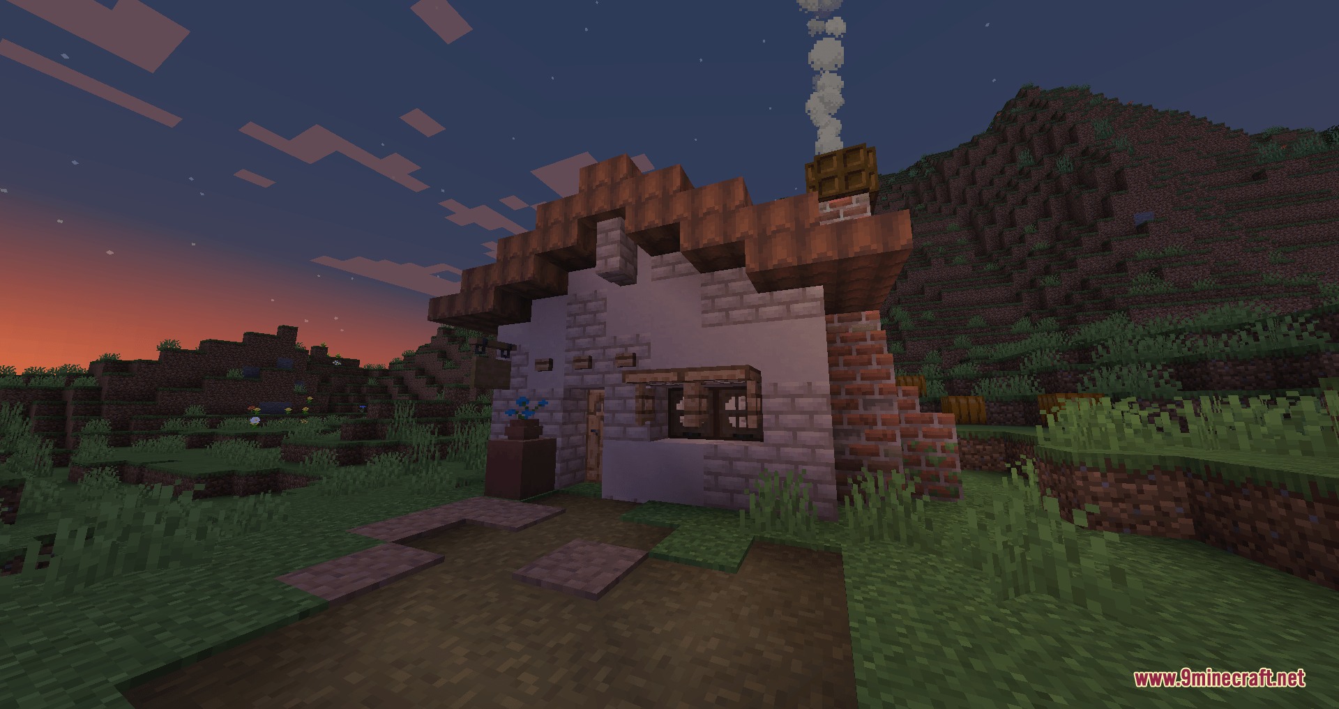 Universal Masonry Spectrum Mod Screenshot 1 A small cottage built with Universal Masonry Spectrum Mod blocks at sunset