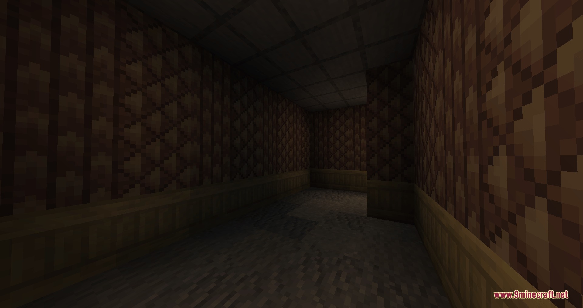 Universal Masonry Spectrum Mod Screenshot 2 An empty room showcasing decorative shingle wall blocks and wooden floor textures