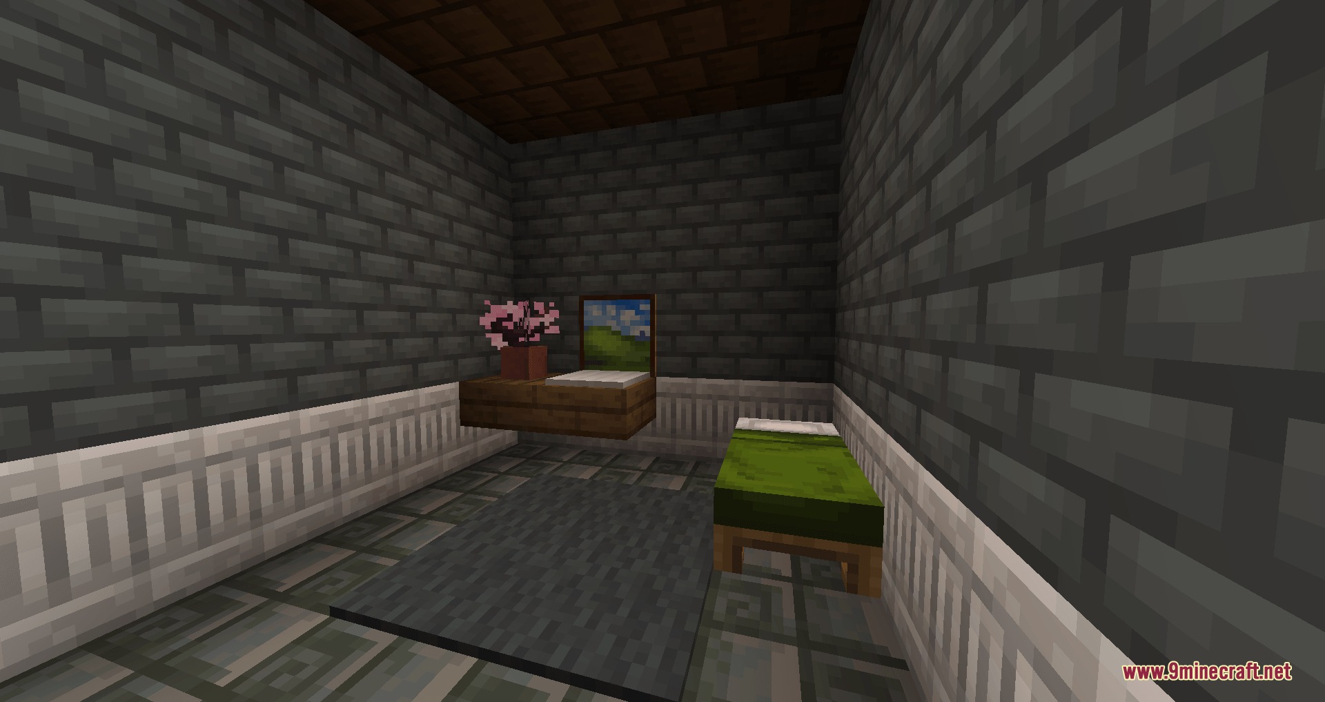 Universal Masonry Spectrum Mod Screenshot 4 A cozy bedroom featuring decorative stone brick walls and a green bed