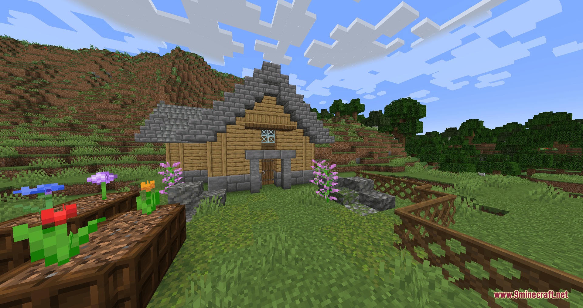 Universal Masonry Spectrum Mod Screenshot 6 A cozy wooden house featuring custom stone shingles and flower gardens