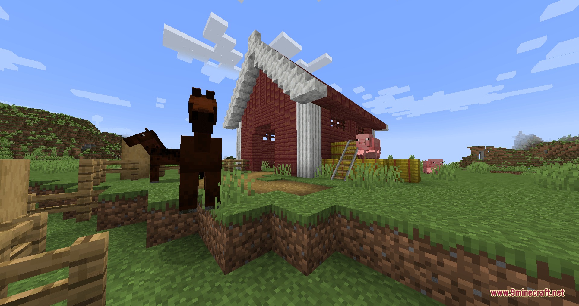 Universal Masonry Spectrum Mod Screenshot 7 A red brick barn with white stone pillars and horses in a field
