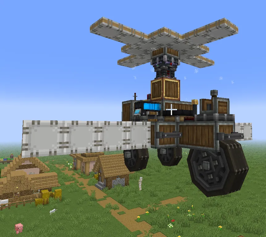 Uno Copter Read Desc Schematic Screenshots 1 The Uno Copter vehicle with rotating blades hovering over a Minecraft village