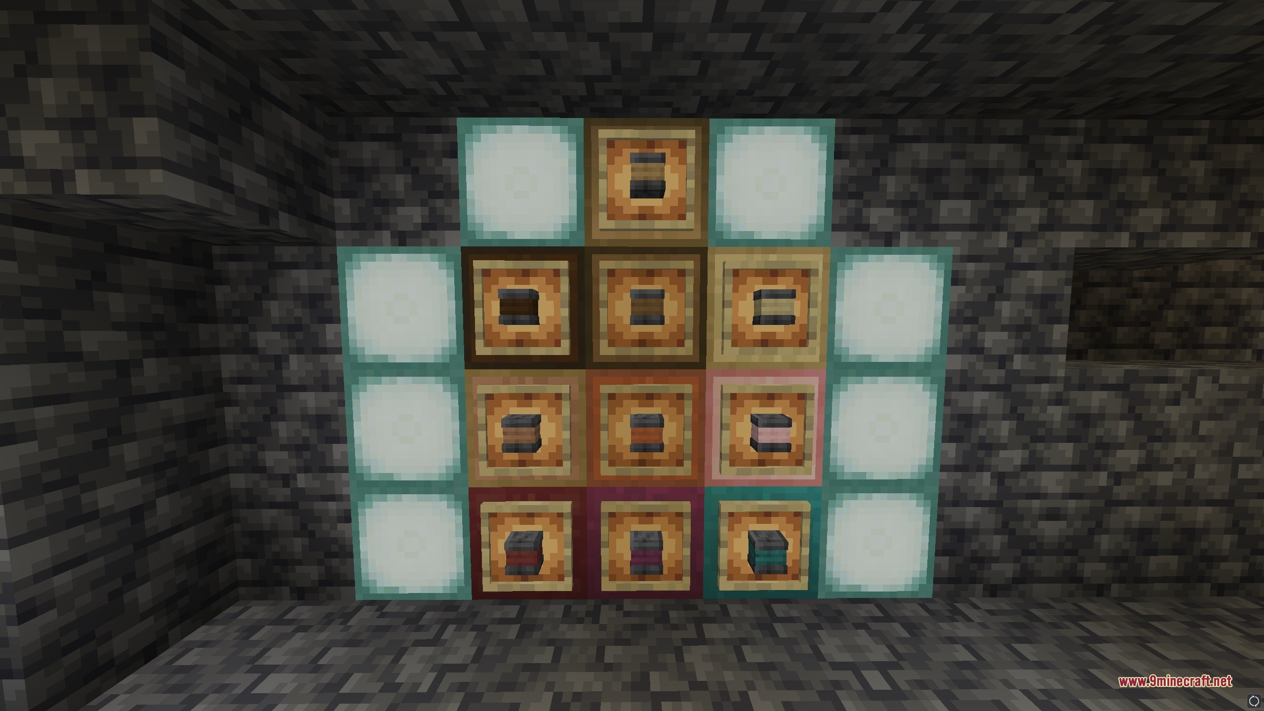 Structural pillar blocks from the Unstable Depths data pack displayed in item frames