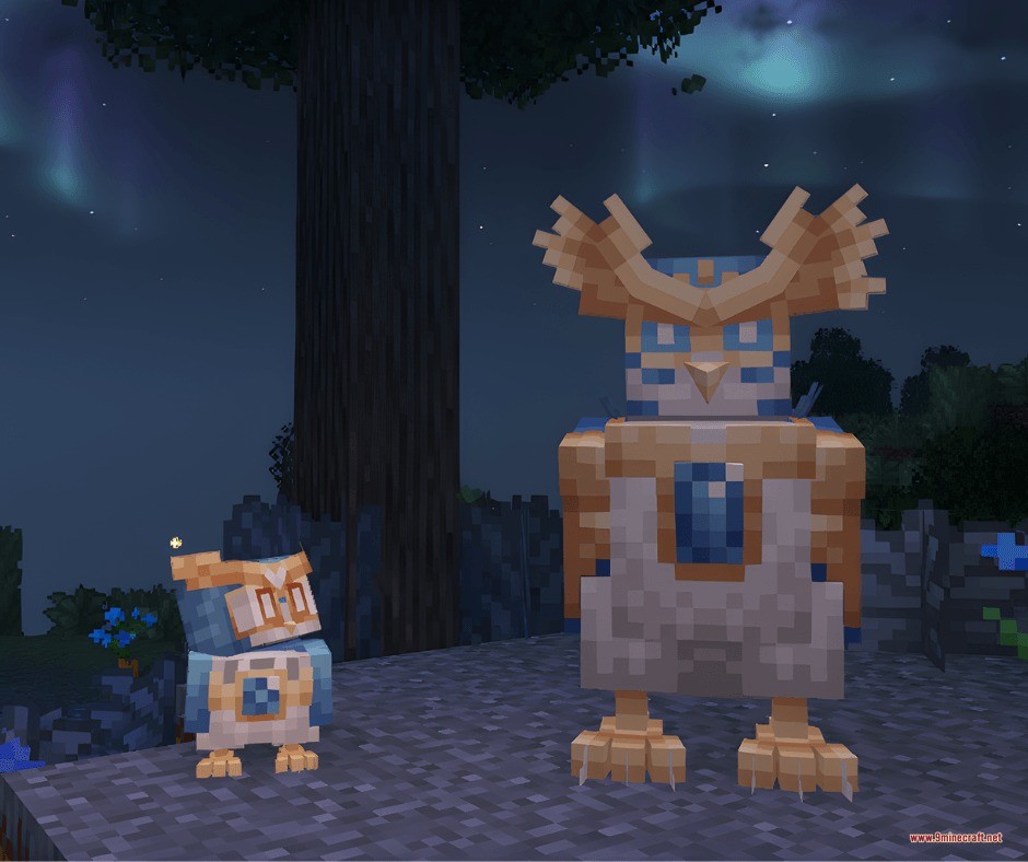 Untamed Frontier Chronicles Data Pack Screenshot 1 Two owl like Fakemon standing together in a dark forest at night