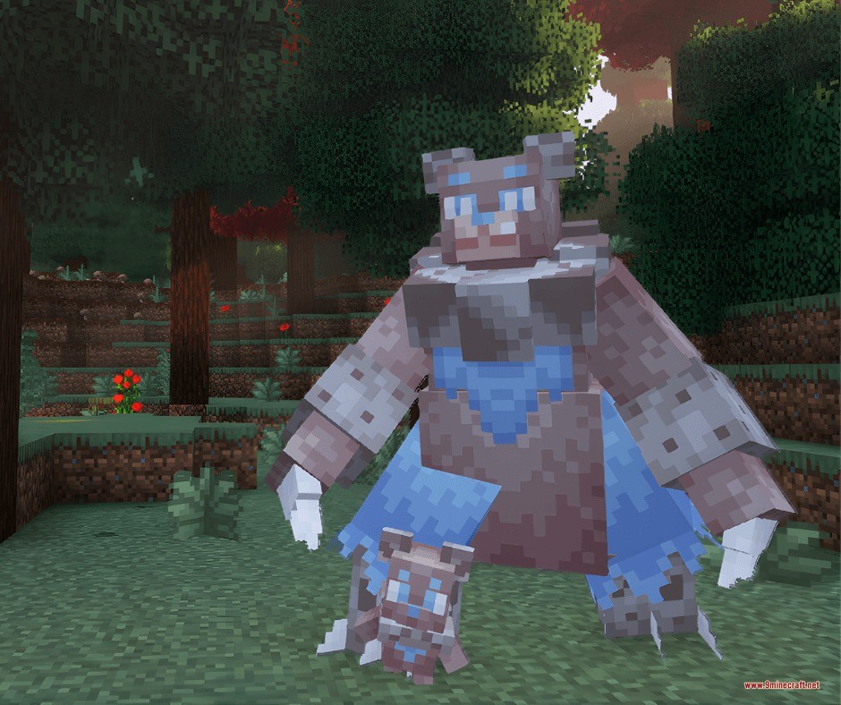 Untamed Frontier Chronicles Data Pack Screenshot 3 A large stone golem creature and its baby standing in a forest biome