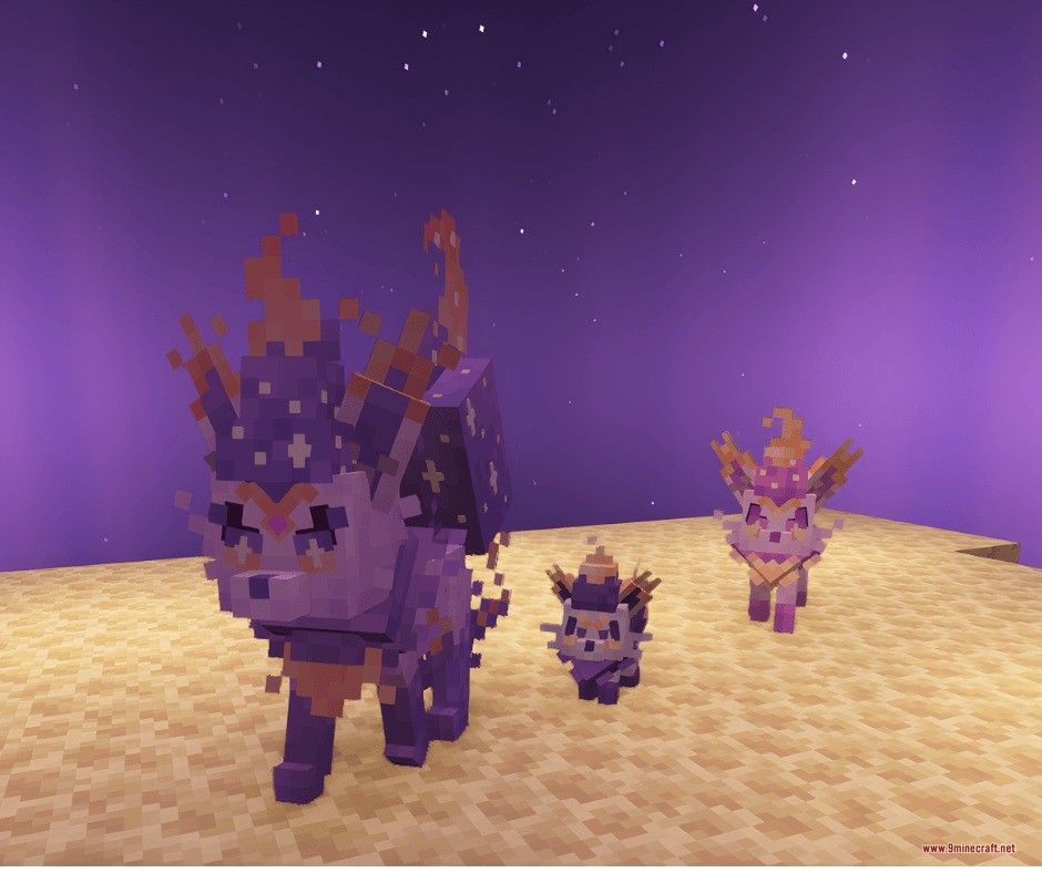 Untamed Frontier Chronicles Data Pack Screenshot 4 Three purple fox creatures with starry patterns walking on sand under the night sky