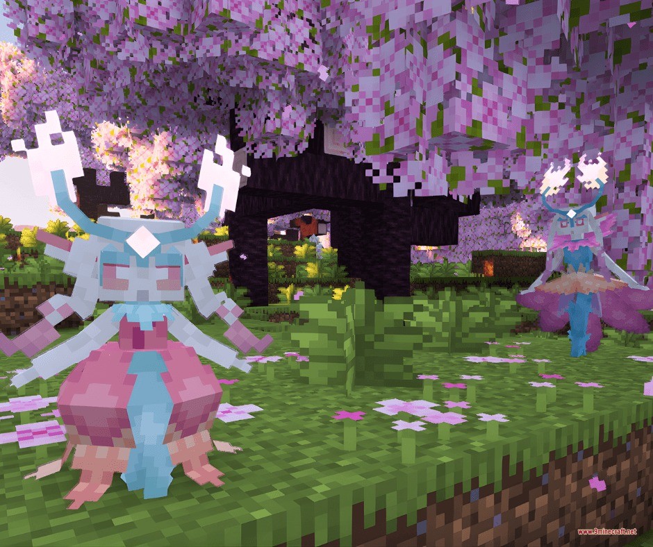 Untamed Frontier Chronicles Data Pack Screenshot 6 Two pink and blue fairy creatures standing under blooming cherry blossom trees