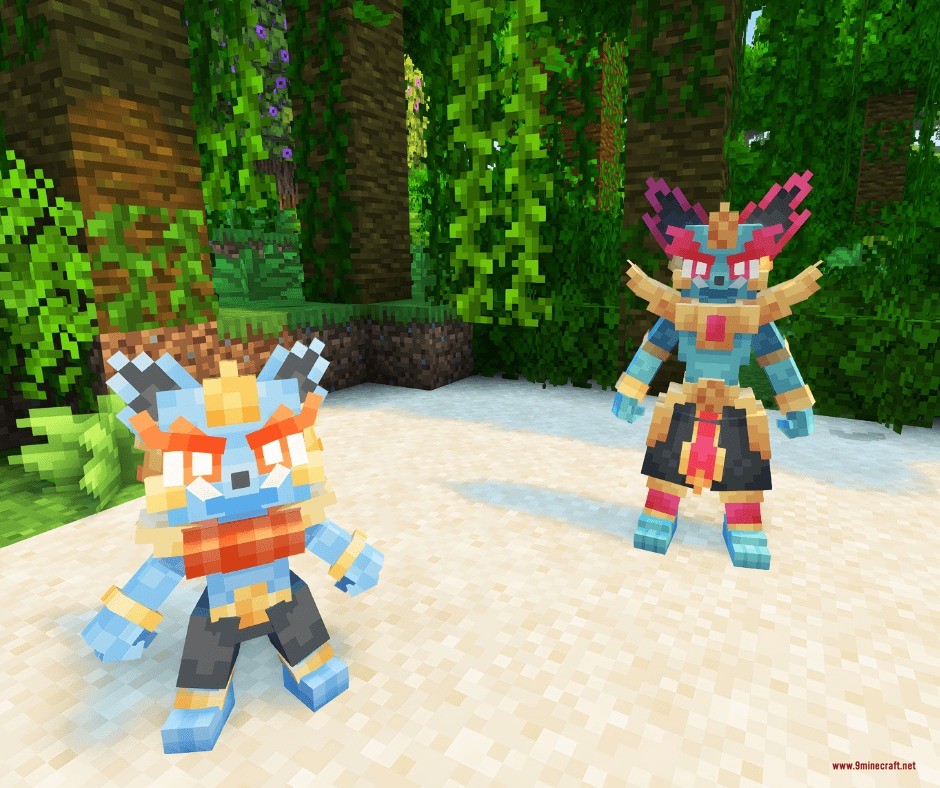 Untamed Frontier Chronicles Data Pack Screenshot 7 Two blue fox creatures standing on sand near a lush jungle biome