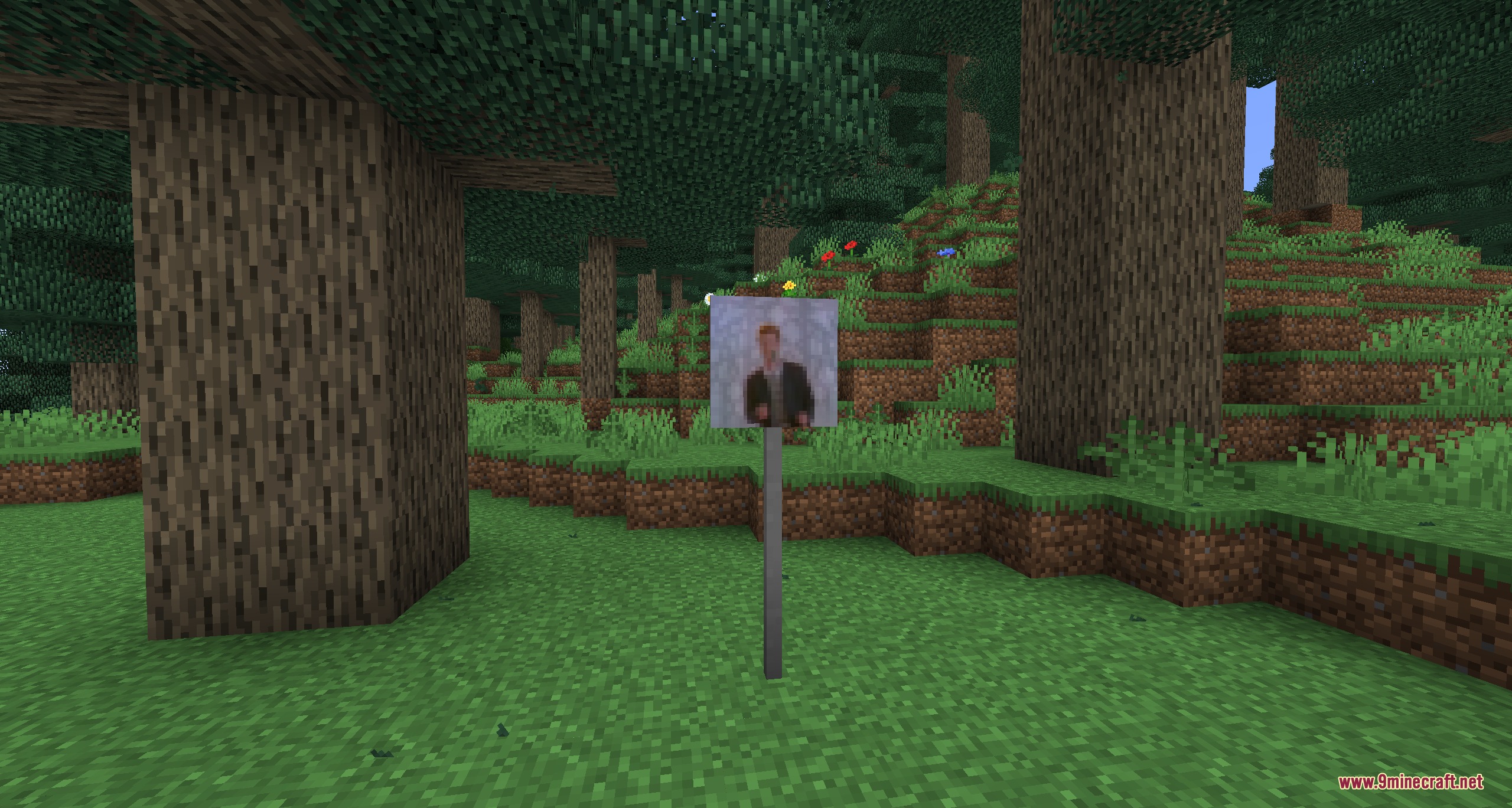 Urban Asphalt Grid Mod Screenshot 7 A custom sign showing a pixelated Rick Astley image in a Minecraft forest