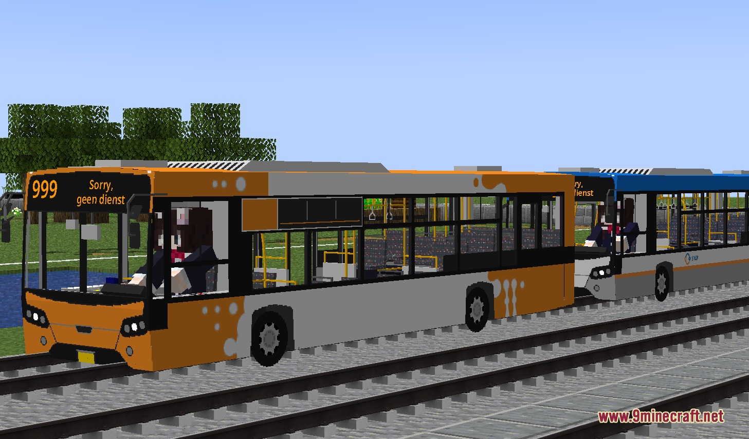Urban Transit Fleet Resource Pack Screenshot 1 Urban Transit Fleet Resource Pack features an orange bus on Minecraft tracks