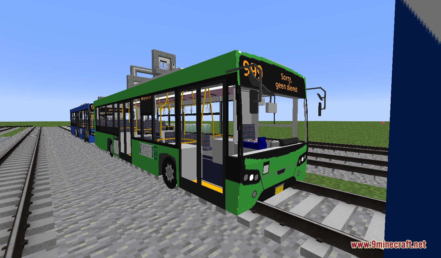 Urban Transit Fleet Resource Pack Screenshot 3 A green city bus parked on railway tracks in a flat Minecraft world