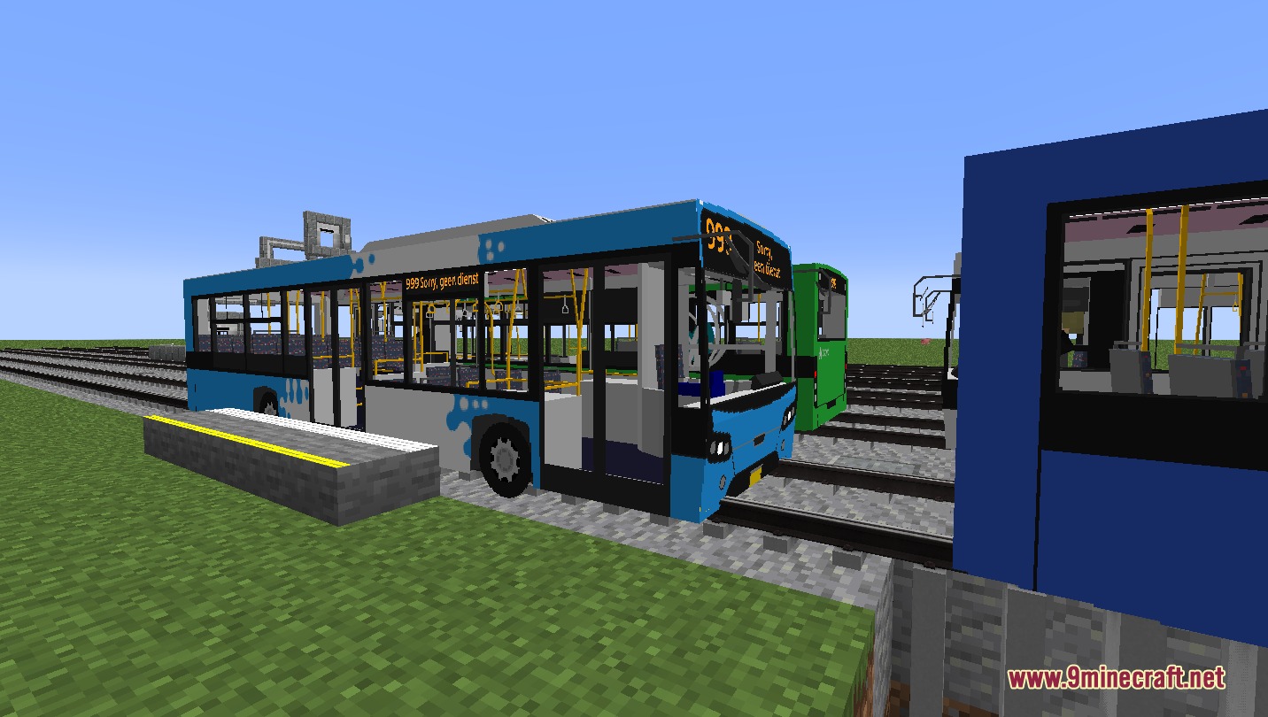 Urban Transit Fleet Resource Pack Screenshot 7 A blue and white city bus parked at a station platform on tracks
