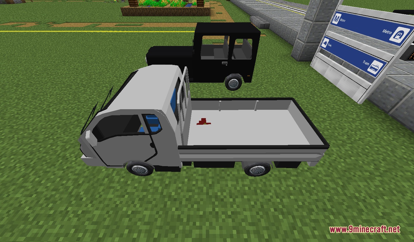 Urban Transit Fleet Resource Pack Screenshot 8 A white freight truck and a black taxi cab parked on green grass