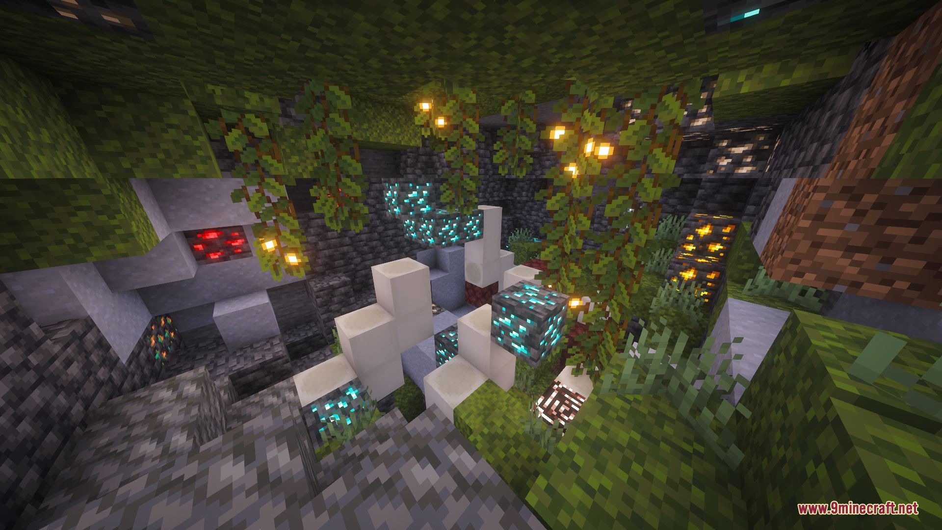 Lush underground cave featuring diamond ores and bone blocks with glow berries
