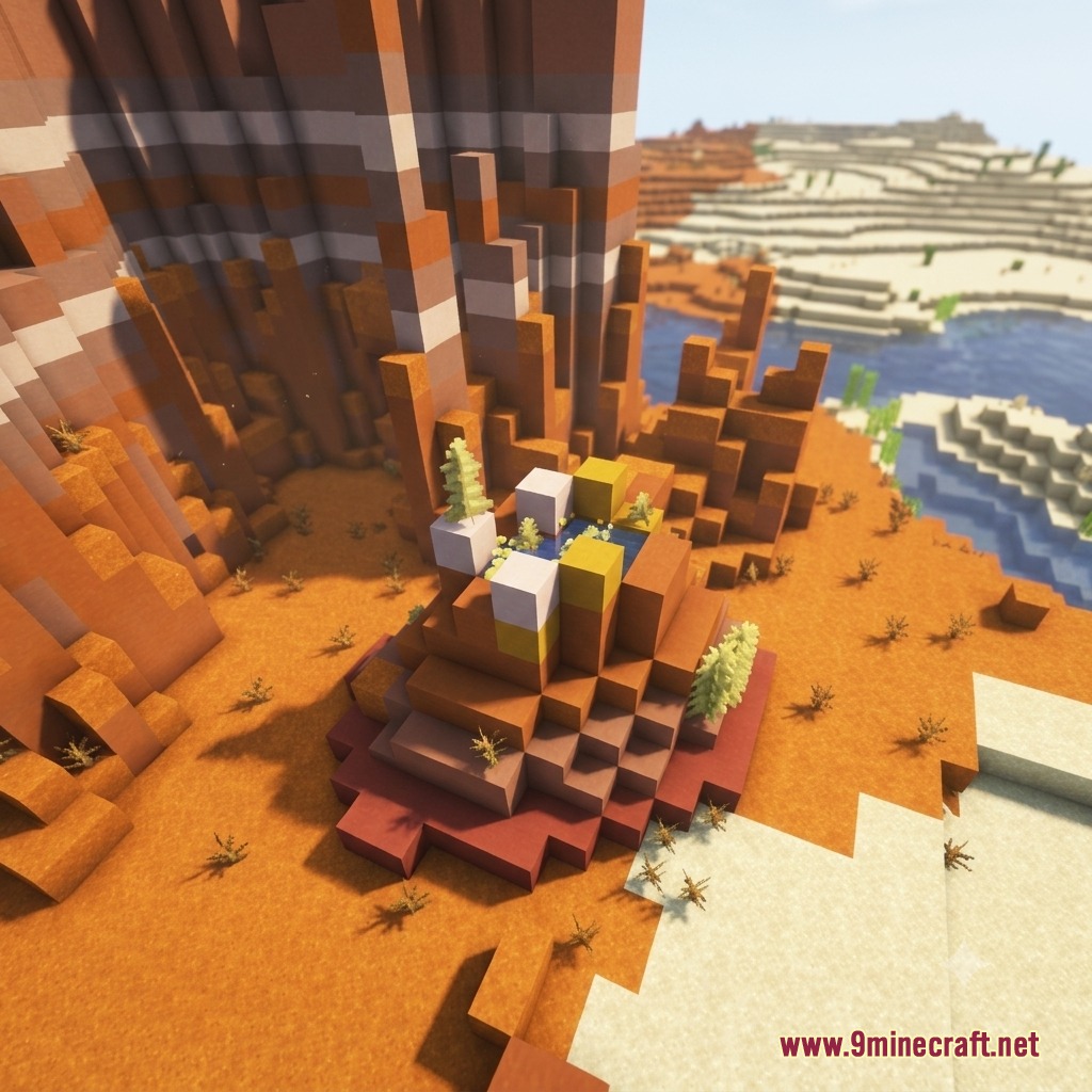 Small structure with white blocks and water pool in a mesa biome