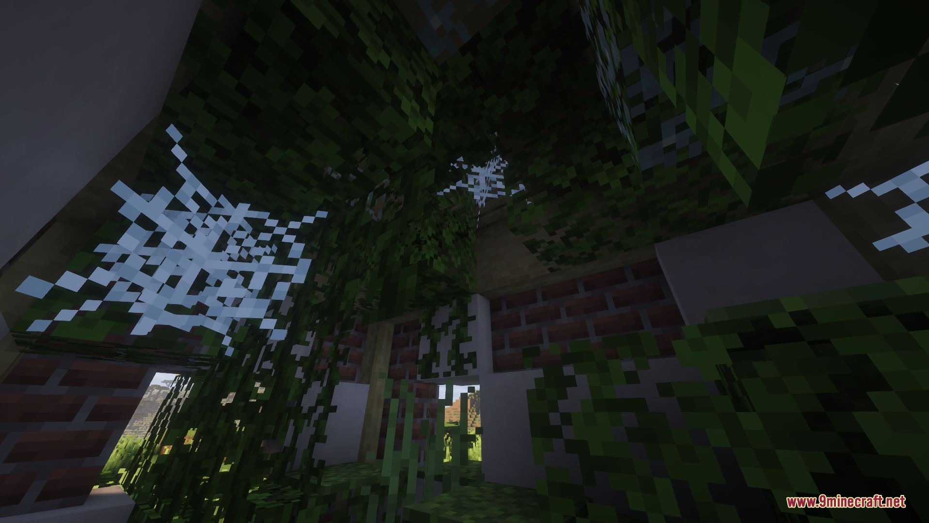 Overgrown brick ruins with vines and cobwebs inside a dark stone chamber