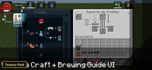 UI showing potion brewing recipes and inventory in a grassy area