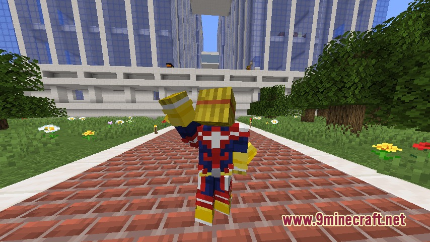Vanguard Awakening Mod Screenshot 1 Minecraft player wearing an All Might suit from the Vanguard Awakening Mod