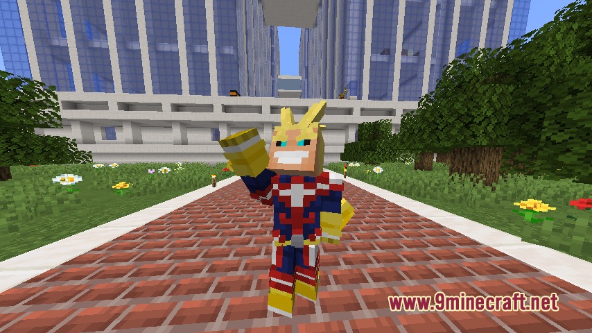 Vanguard Awakening Mod Screenshot 2 Minecraft player wearing an All Might skin waving at the camera