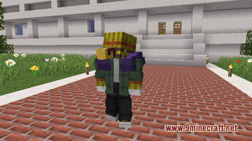 Vanguard Awakening Mod Screenshot 3 Minecraft character wearing a green jacket and hay block head on brick path