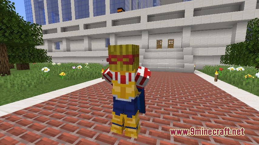 Vanguard Awakening Mod Screenshot 4 Minecraft player wearing a red white and gold superhero suit with blue cape