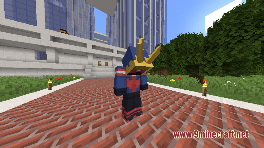 Vanguard Awakening Mod Screenshot 5 A Minecraft player wearing an All Might themed suit from Vanguard Awakening