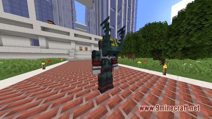 Vanguard Awakening Mod Screenshot 6 A Minecraft character wearing a green Deku hero suit and custom helmet