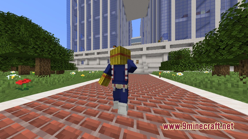 Vanguard Awakening Mod Screenshot 7 A Minecraft player in a blue superhero suit walks toward a large building