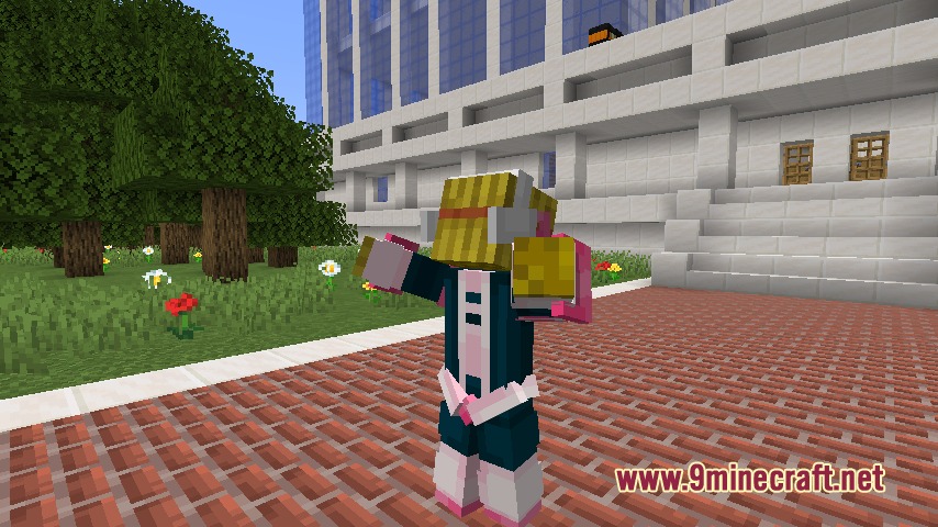 Vanguard Awakening Mod Screenshot 8 A Minecraft character in a pink and teal superhero suit strikes a pose