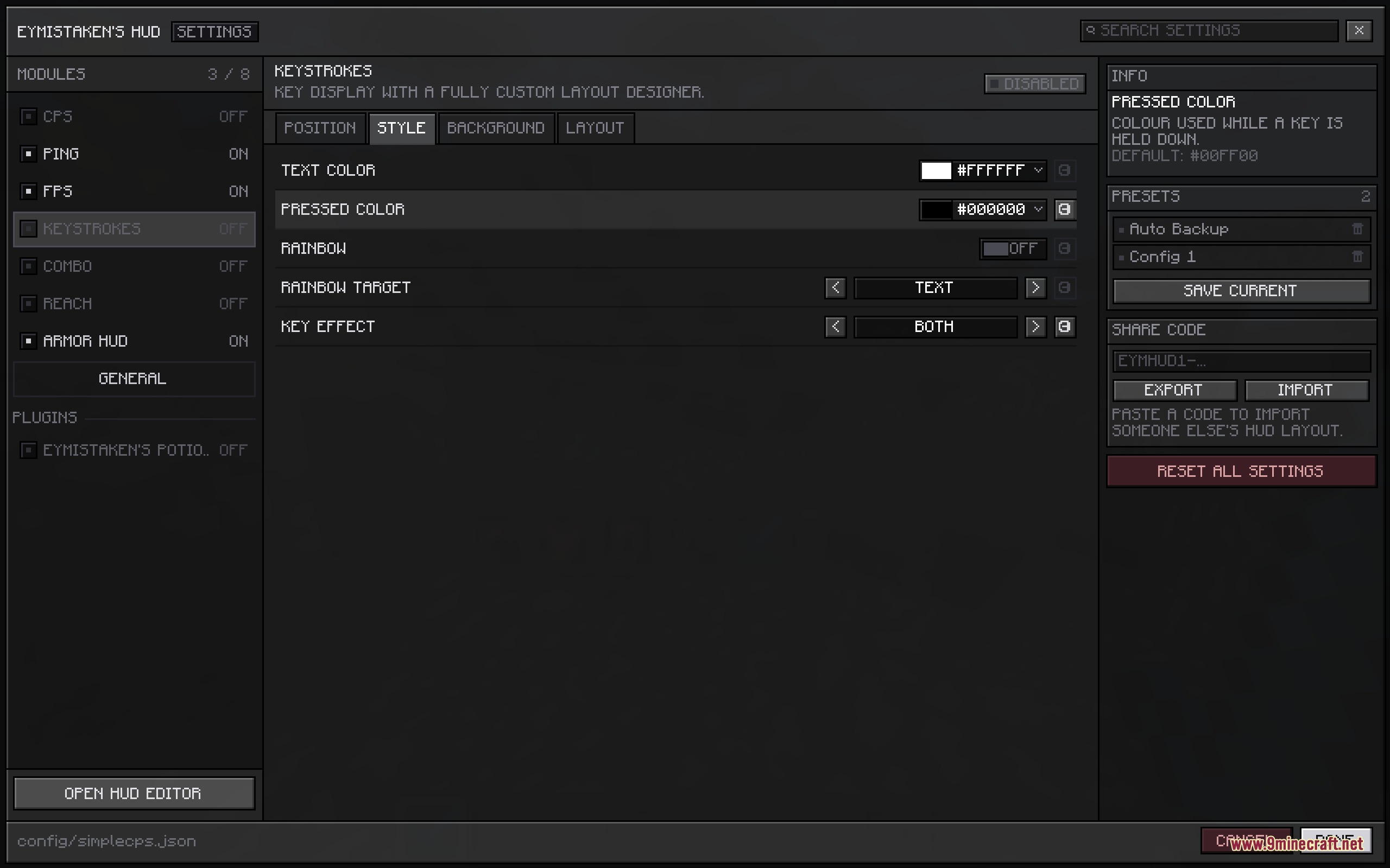 Vanguard Combat Interface Mod Screenshot 5 A detailed settings menu for customizing keystrokes and various HUD module colors