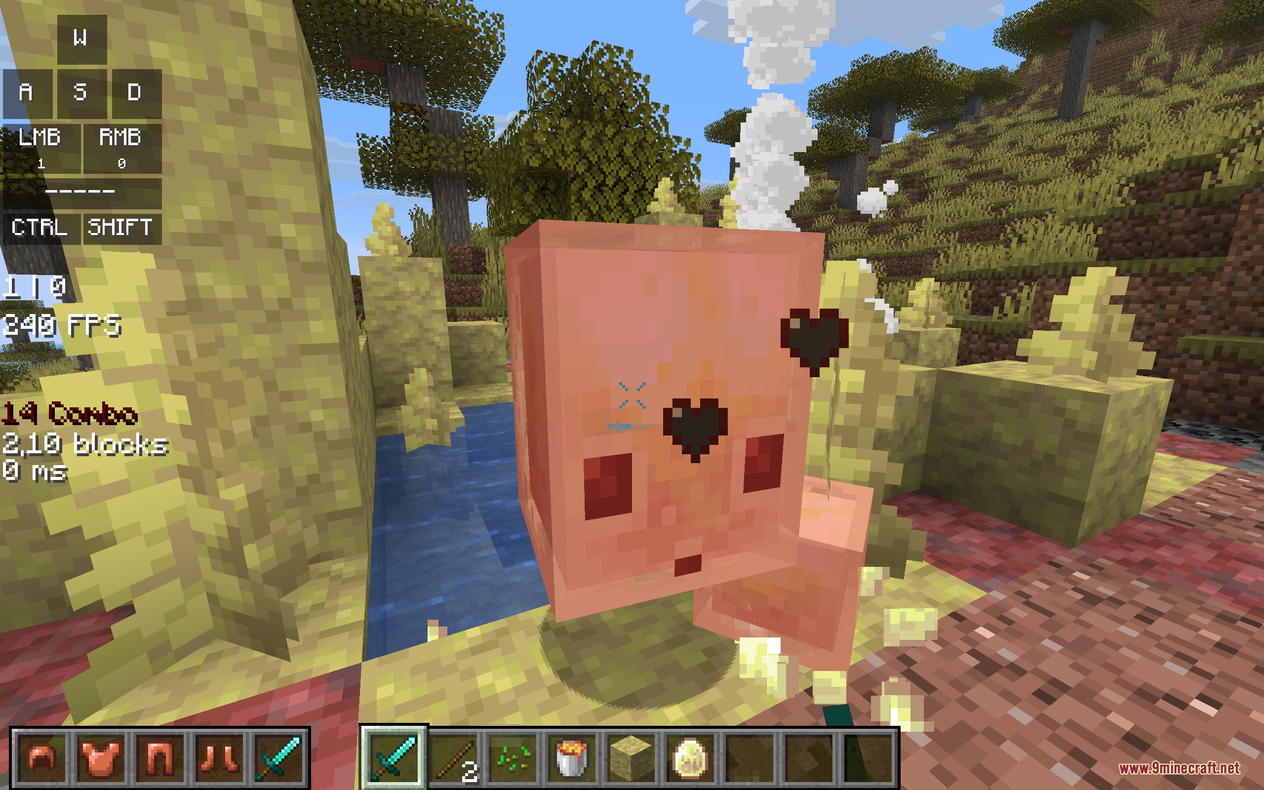 Vanguard Combat Interface Mod Screenshot 7 Combat overlay displaying keystrokes and combo counter while looking at a pink mob