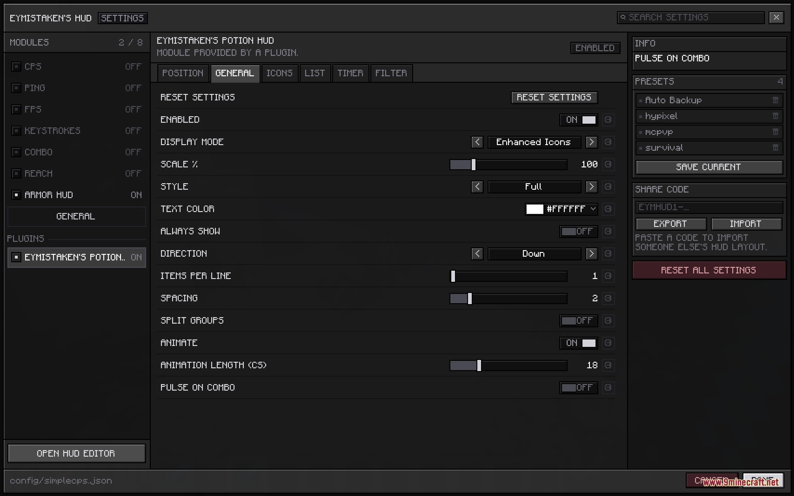 Vanguard Combat Interface Mod Screenshot 8 Settings menu for the Vanguard Combat Interface Mod showing various HUD customization options