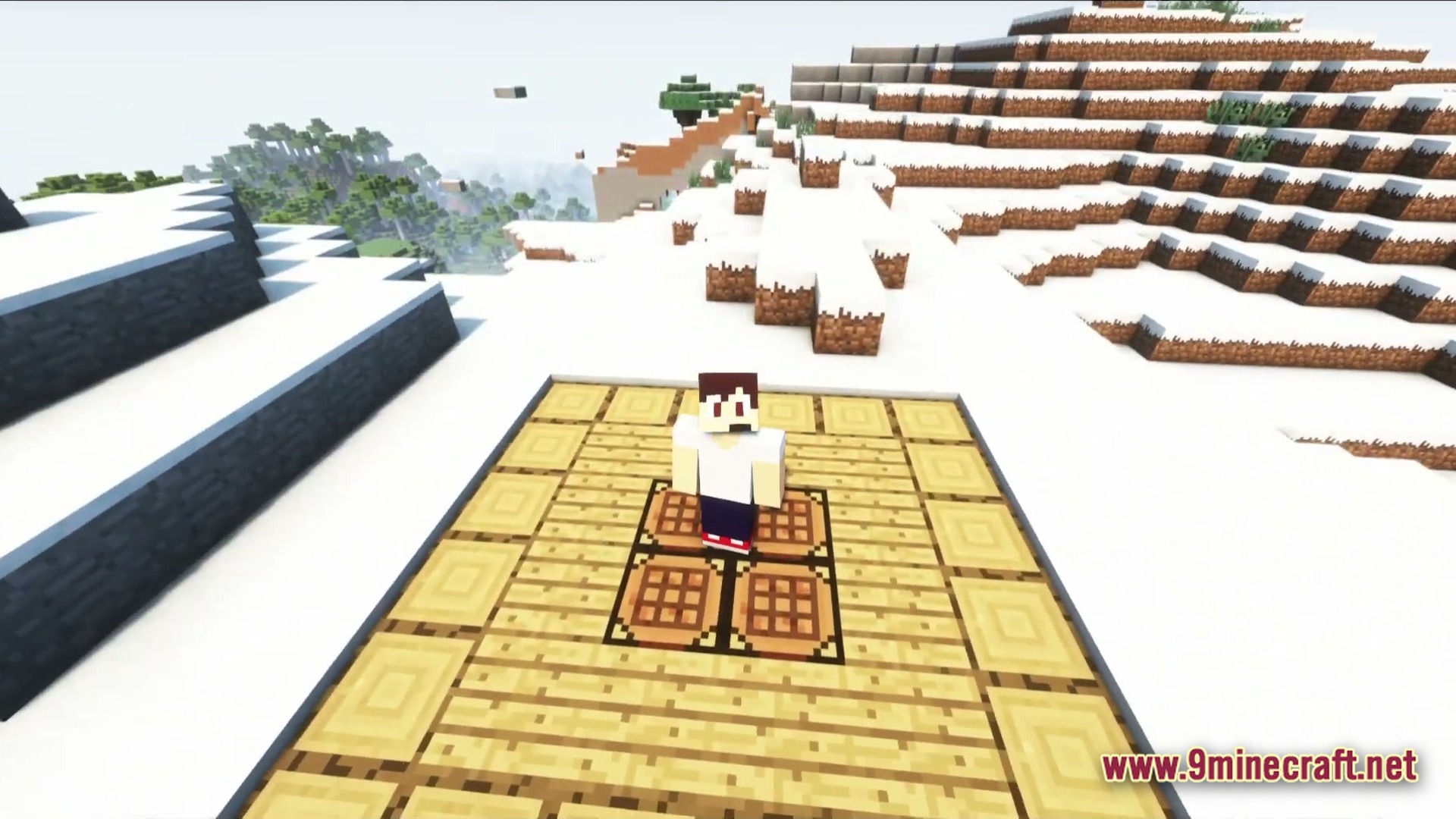 Vanguard Dawn Unleashed Modpack Screenshot 1 A player character stands on a wooden platform with crafting tables in a snowy mountain biome