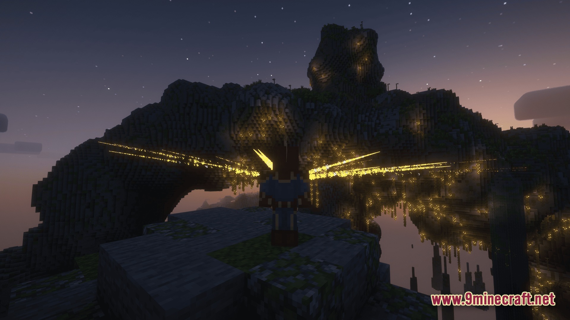 Vanguard Dawn Unleashed Modpack Screenshot 10 A player character with glowing wings stands before a large mountain archway at twilight