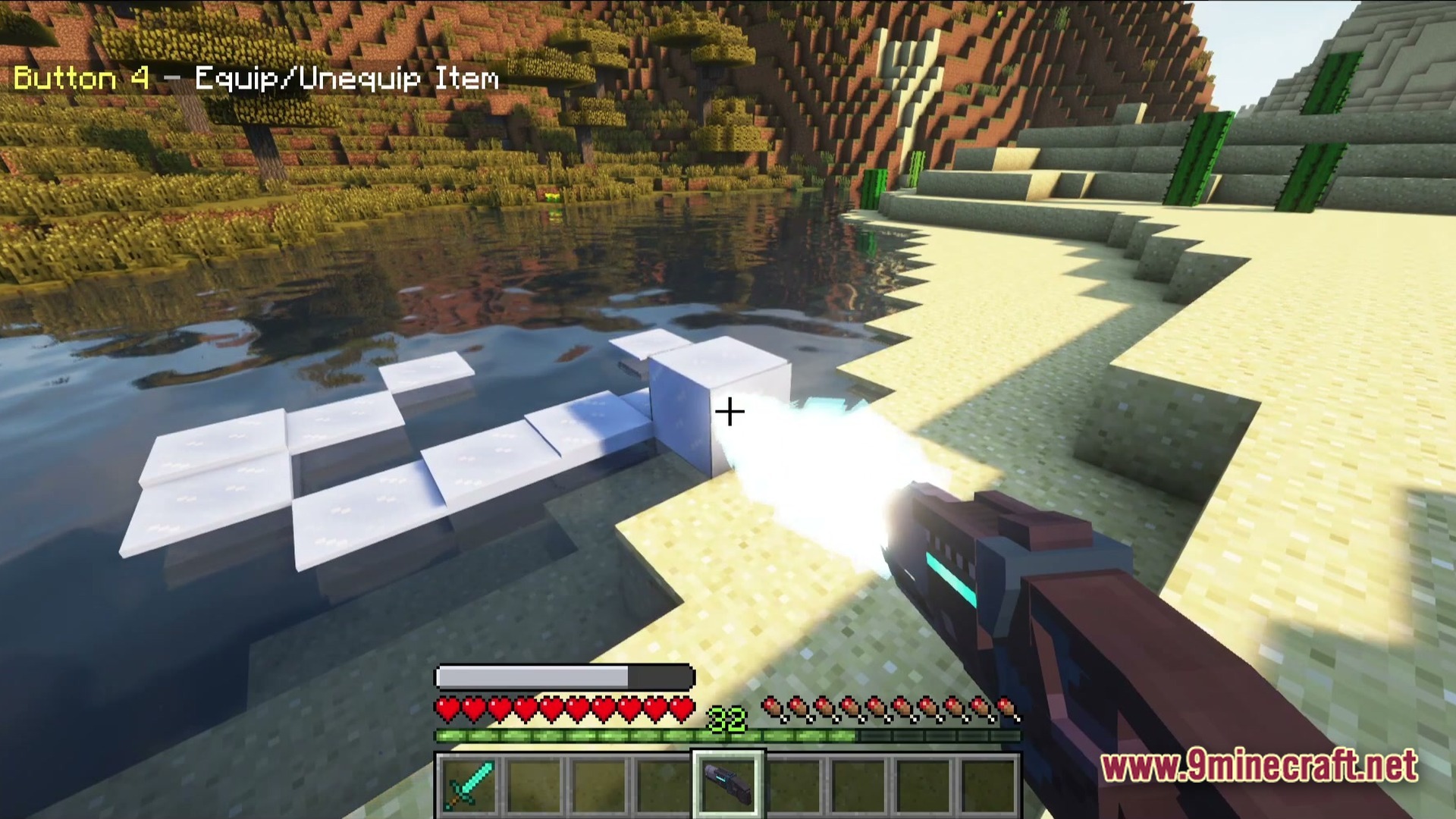 Vanguard Dawn Unleashed Modpack Screenshot 3 A player uses a futuristic freeze ray to create ice platforms on a desert river
