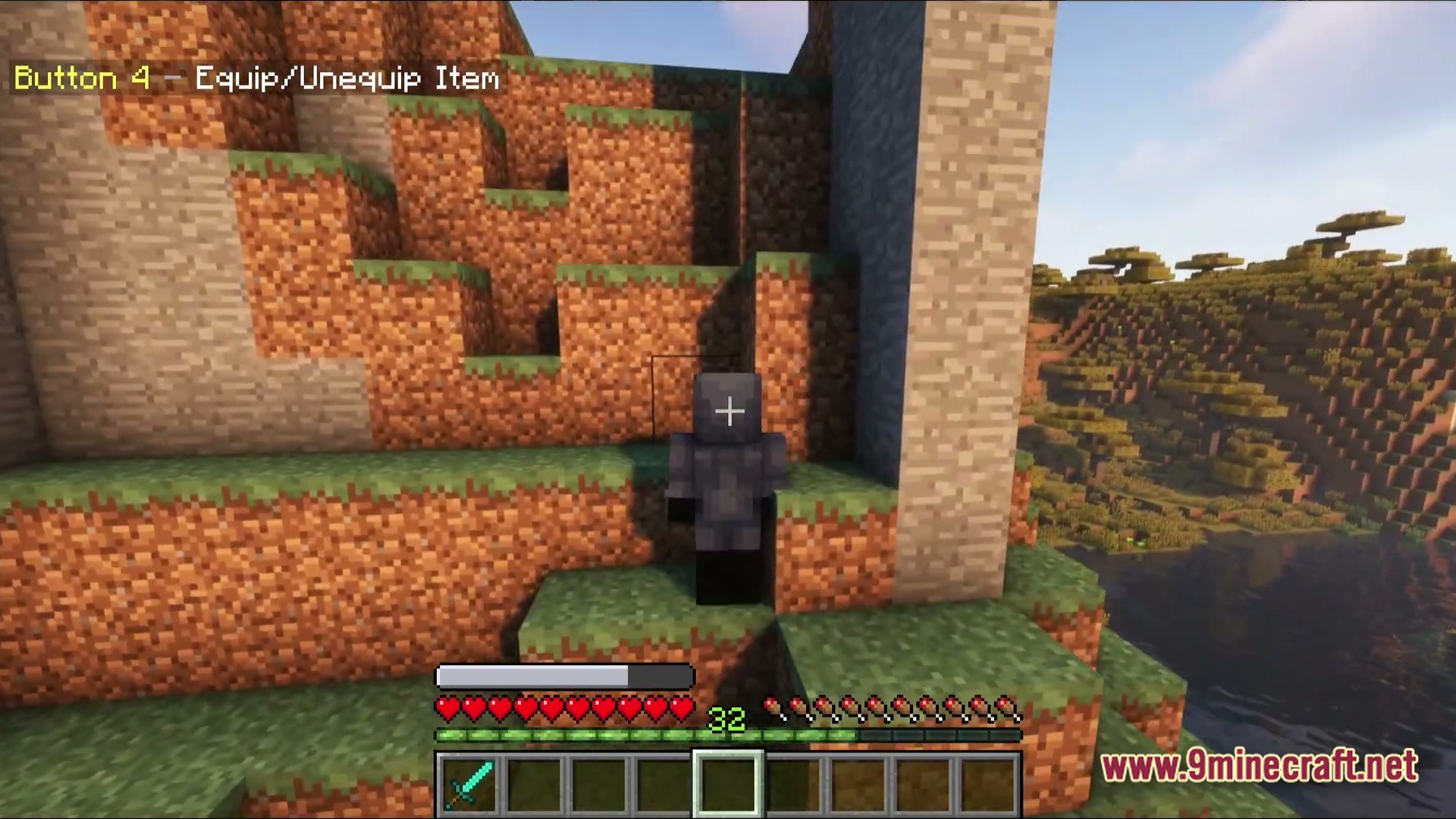 Vanguard Dawn Unleashed Modpack Screenshot 5 A player character in dark armor stands on a grassy hillside overlooking a savanna biome