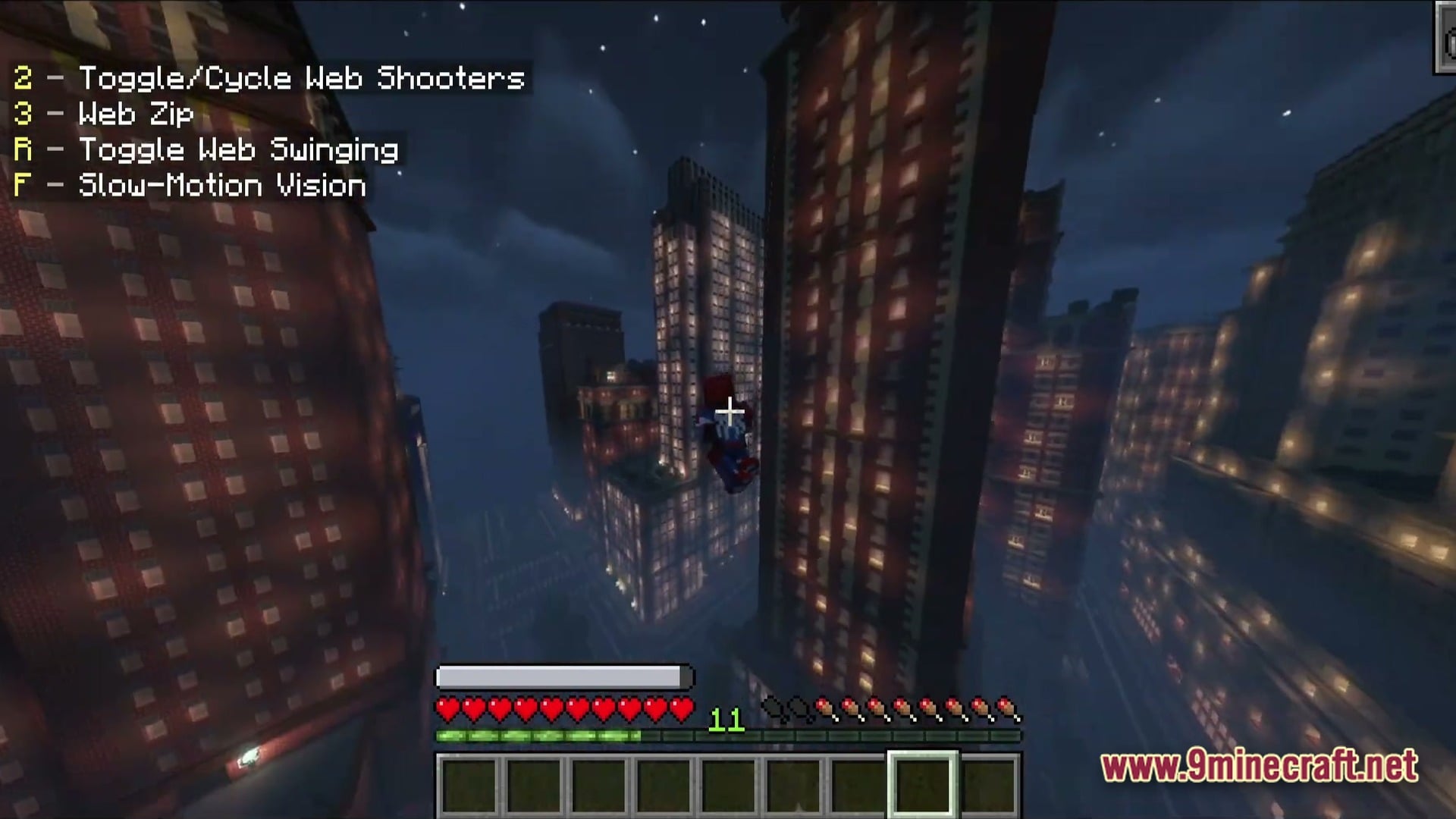 Vanguard Dawn Unleashed Modpack Screenshot 6 A player character in a superhero suit flies through a dense city of illuminated skyscrapers at night