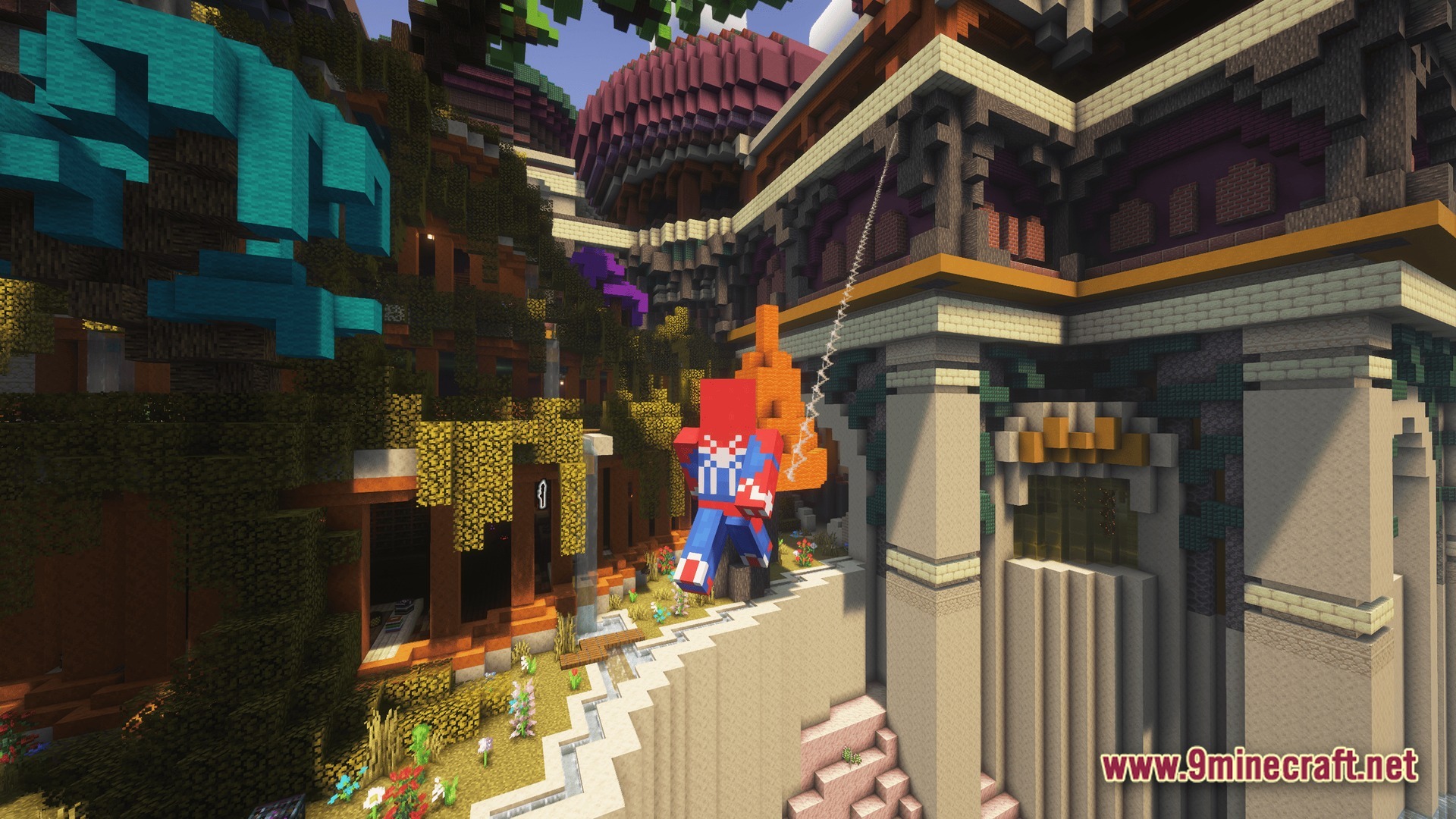 Vanguard Dawn Unleashed Modpack Screenshot 7 A player wearing a Spider-Man skin uses a web-swinging mechanic near large, ornate stone structures