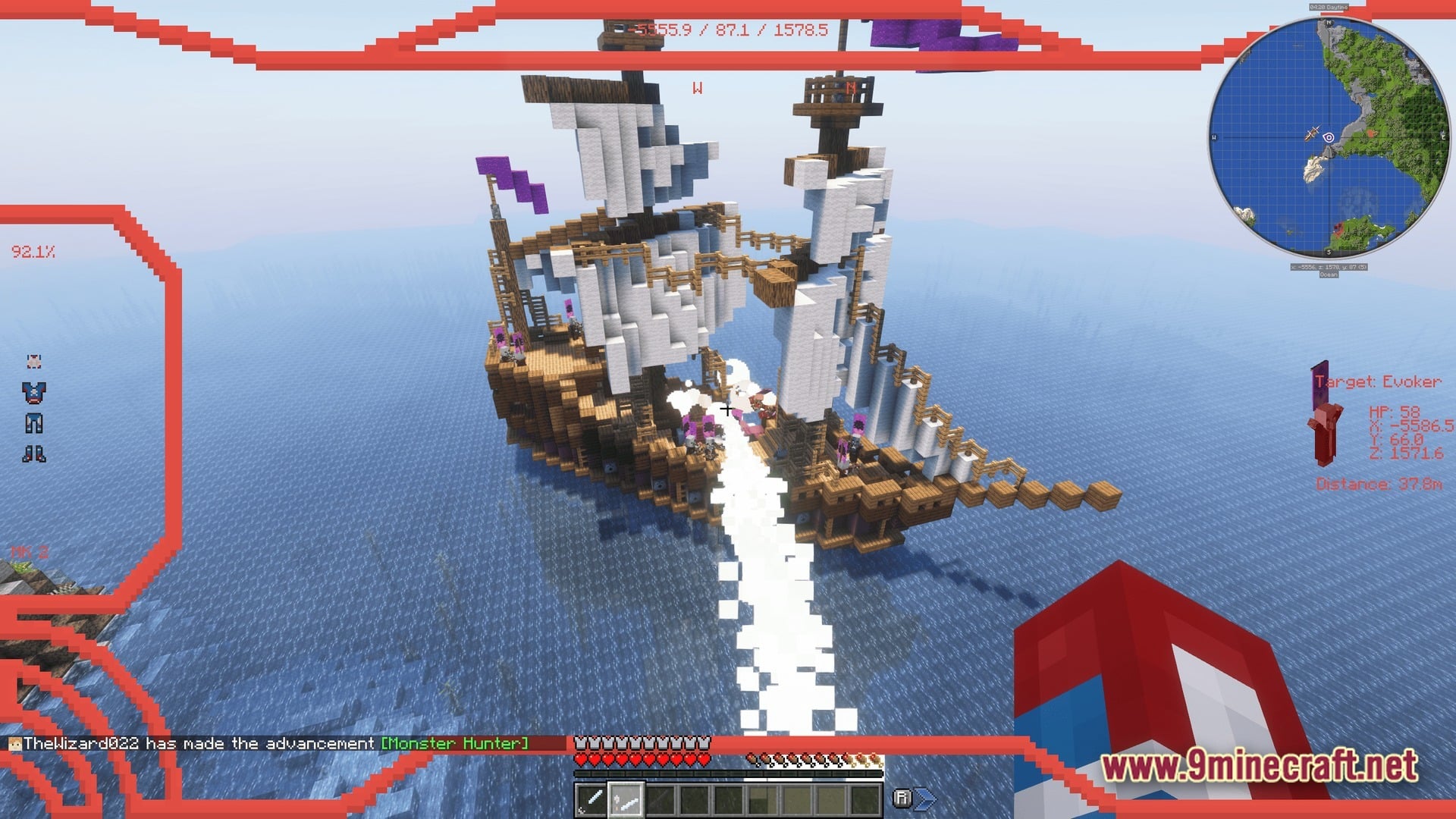 Vanguard Dawn Unleashed Modpack Screenshot 8 An aerial view of a large wooden sailing ship manned by Illagers in an ocean biome