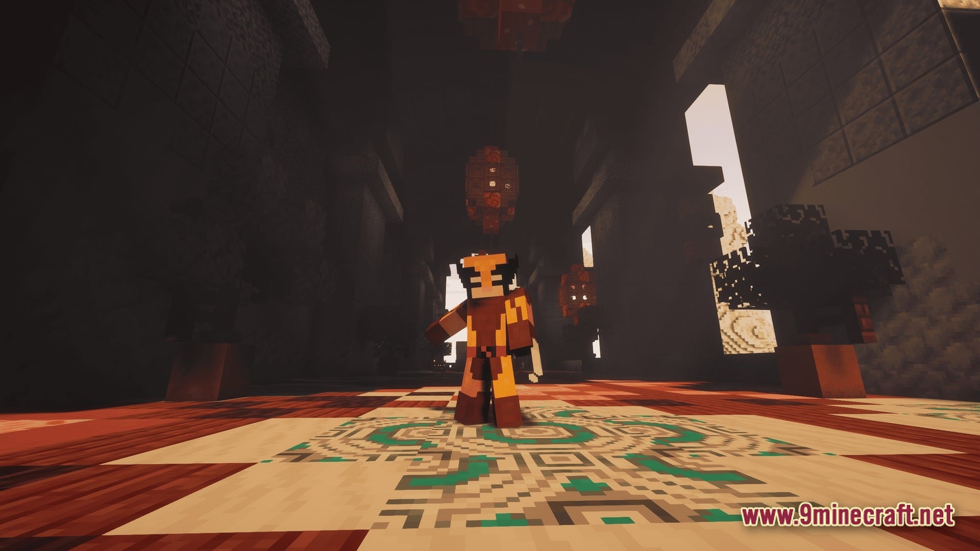Vanguard Dawn Unleashed Modpack Screenshot 9 A player character wearing a Wolverine skin stands inside a large, dimly lit stone hall