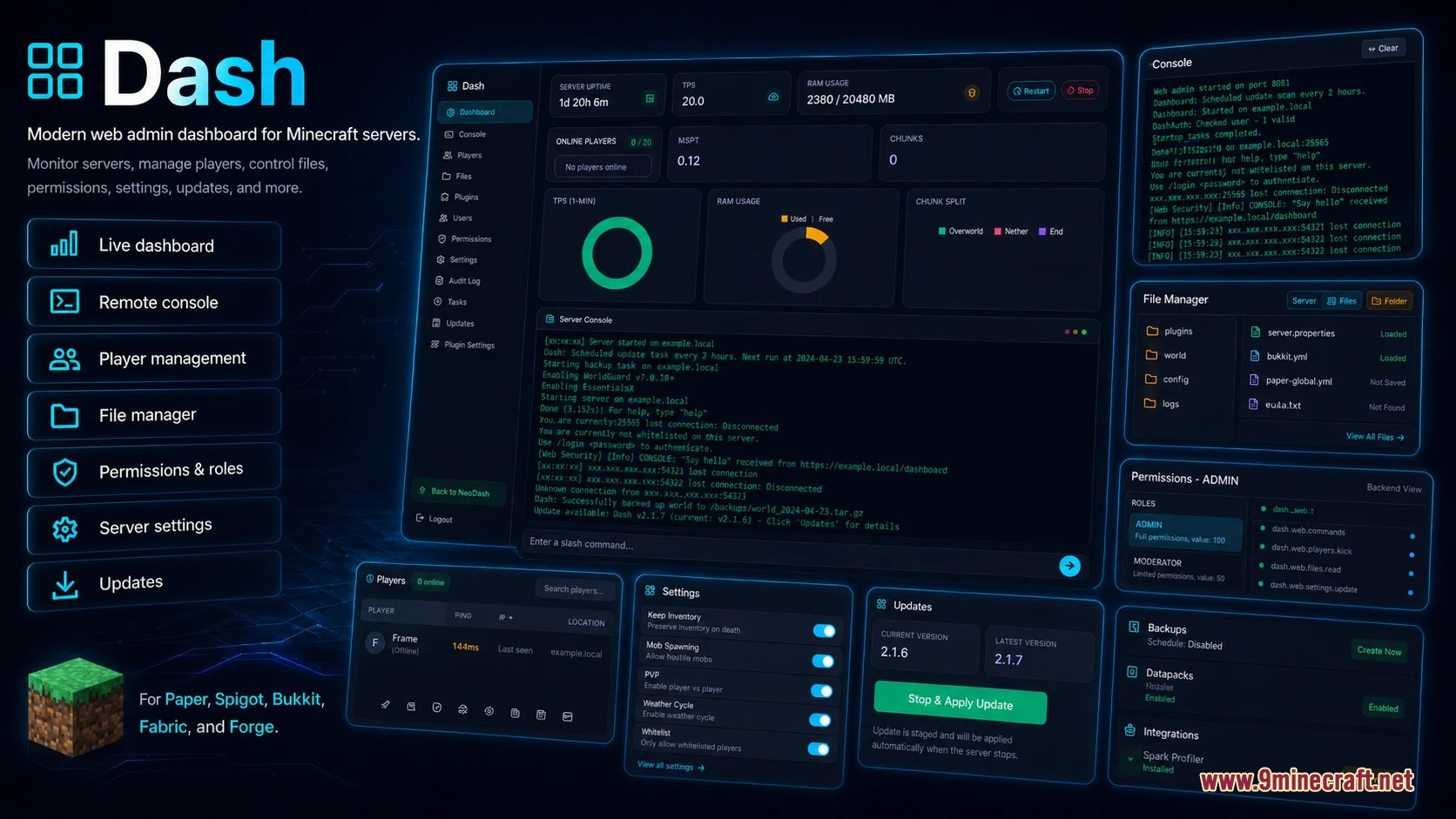 Vantage Control Center Mod Screenshot 1 Web dashboard for Minecraft server management showing performance charts and console