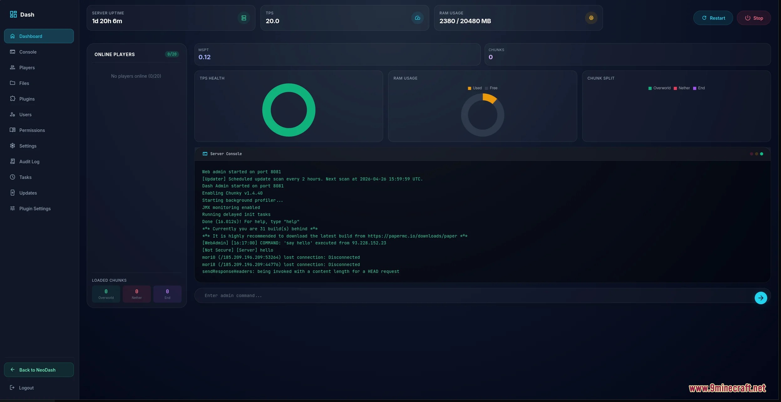 Vantage Control Center Mod Screenshot 3 Vantage Control Center Mod web dashboard displaying server performance metrics and live console logs