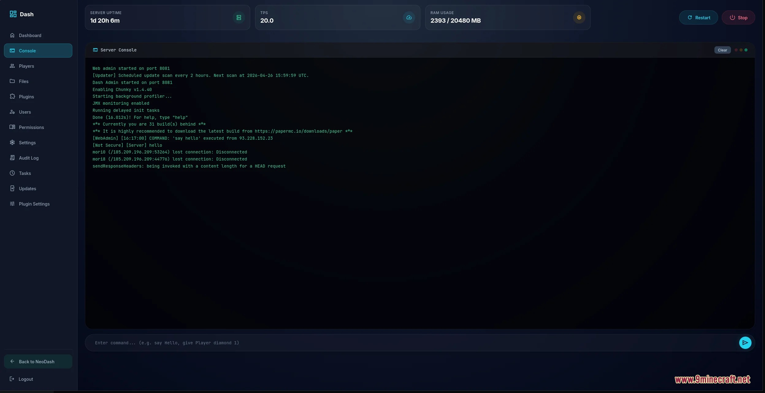 Vantage Control Center Mod Screenshot 4 Live server console window displaying startup logs and command history in browser