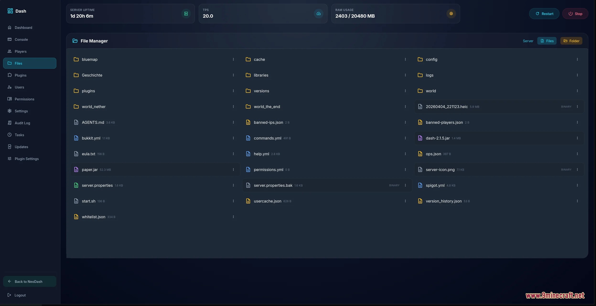 Vantage Control Center Mod Screenshot 5 Web based file manager interface for managing Minecraft server files and folders