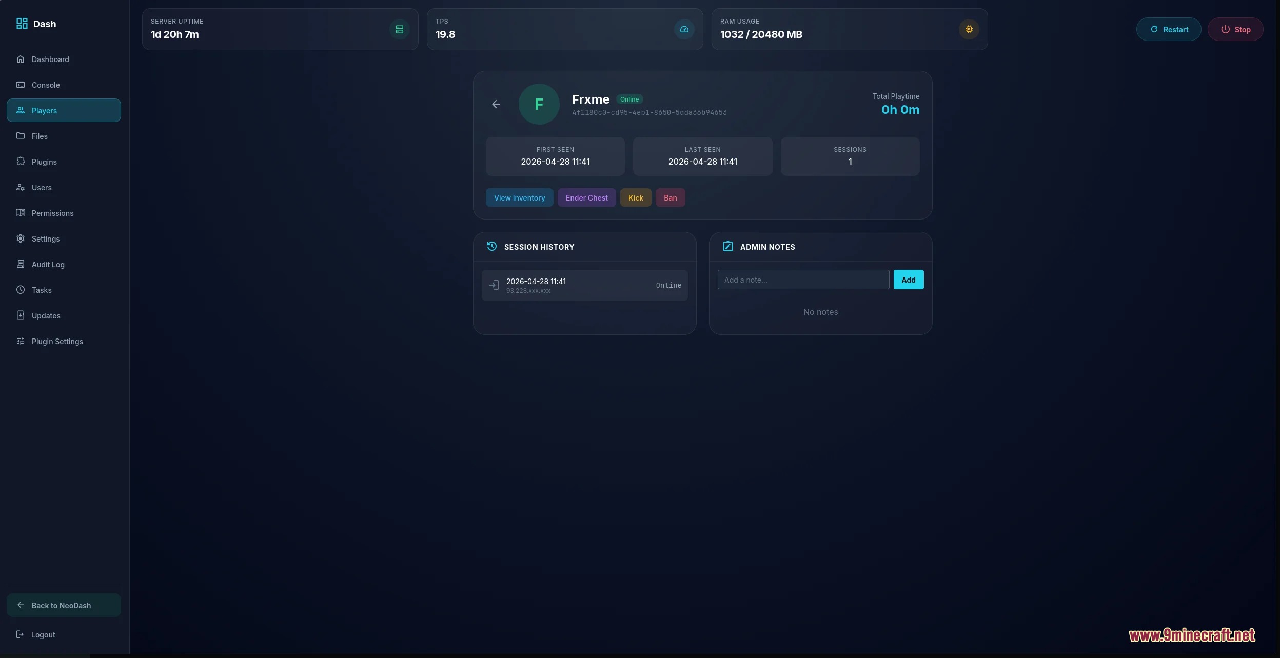 Vantage Control Center Mod Screenshot 6 Detailed player profile screen showing session history and moderation tools for admins