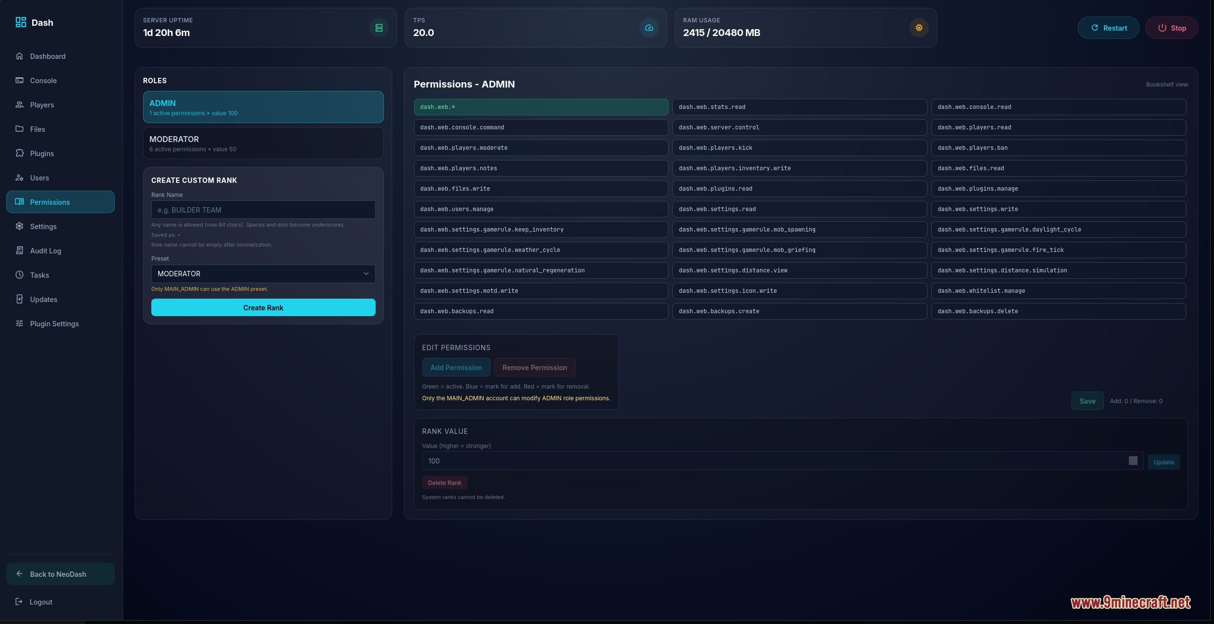 Vantage Control Center Mod Screenshot 8 Server dashboard interface for managing administrative permissions and creating custom ranks