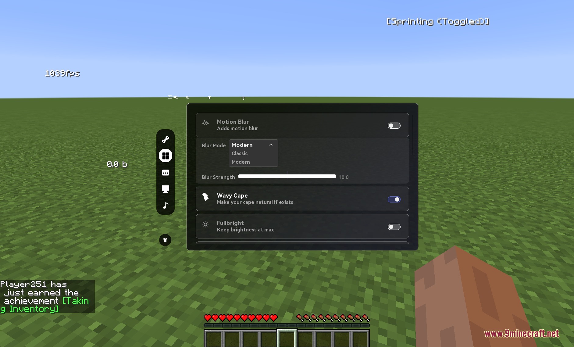 Vantage Rhythm Strike Mod Screenshot 1 Minecraft settings menu showing motion blur and wavy cape toggle options