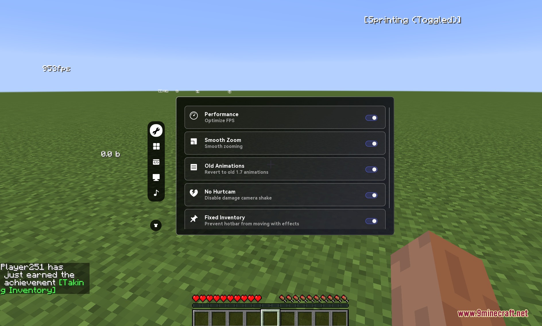 Vantage Rhythm Strike Mod Screenshot 3 A Minecraft player opens a performance settings menu in a flat world