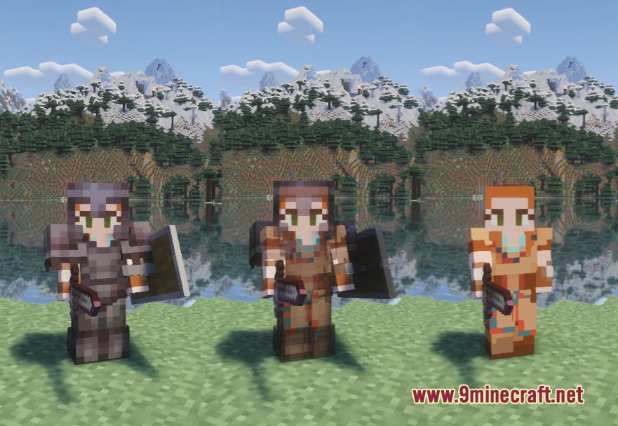 Veil of Sight Mod Screenshot 1 Three Minecraft characters displaying different armor visibility levels in a snowy landscape