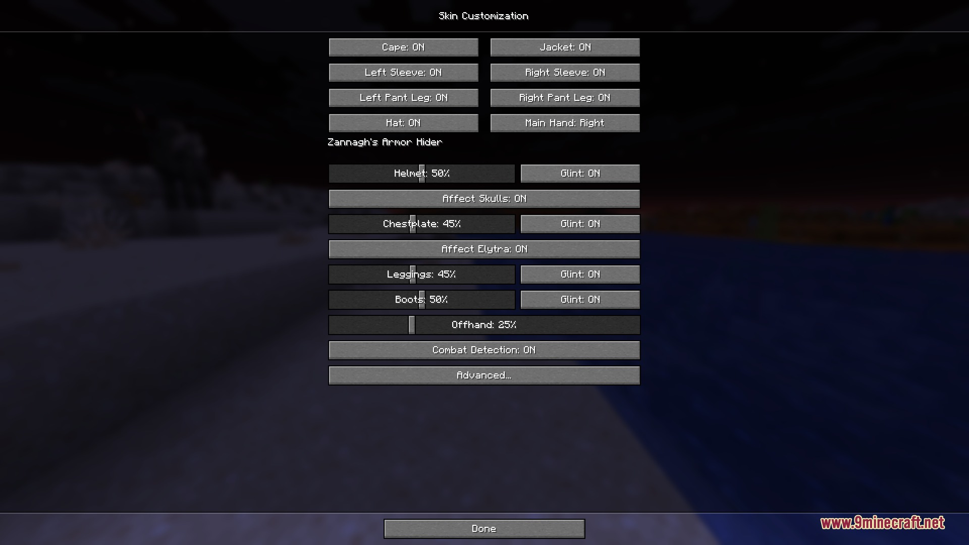 Veil of Sight Mod Screenshot 3 Skin customization menu showing sliders for armor opacity and enchantment glint toggles